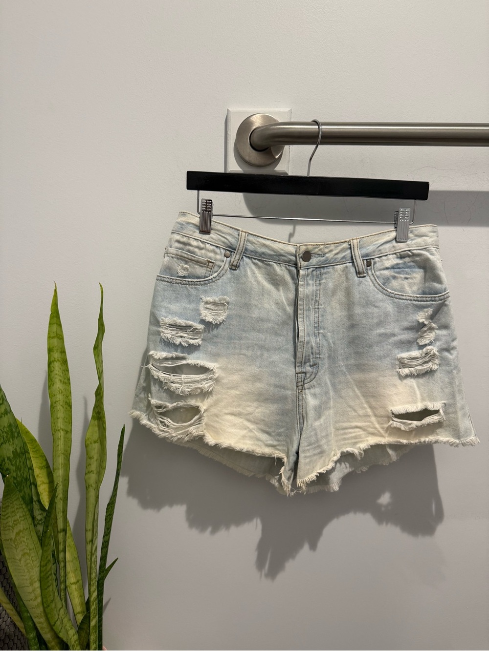 Light Wash Button Up Distressed Denim Shorts - Women